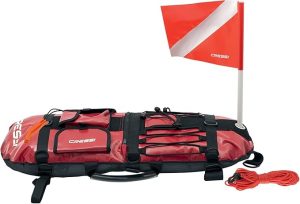 Spearfishing Signal Board Buoy - Spearguns Holder w/Line & Flag - Pockets, Ring - Designed Quality Since 1946, Red/White/Black