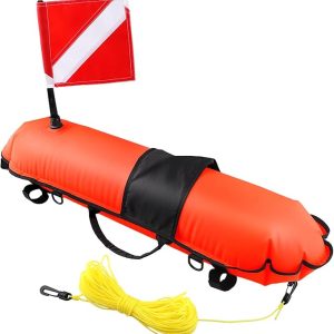 Spearfishing Buoy, Hi-Visibility Inflatable Torpedo Buoy Float Signal Floater Ball with Dive Safety Flag and 82ft Ropes for Scuba Diving, Freediving, Snorkeling, Swimming