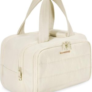 Travel Toiletry Bag, Lightweight Large Wide-open Travel Bag for Women, Puffy Cosmetic Makeup Bag Organizer with Handle for Accessories,Essentials, Toiletries, Beige