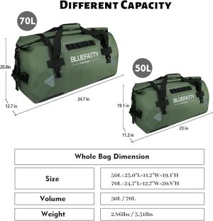 Waterproof Motorcycle Duffel Bag Roll Top Dry Duffel Bag with Quick-fixed Straps for Rafting, Boating, Kayaking, Travel, 50L/70L(Army Green) - 图片 3