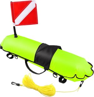 Spearfishing Buoy, Hi-Visibility Inflatable Torpedo Buoy Float Signal Floater Ball with Dive Safety Flag and 82ft Ropes for Scuba Diving, Freediving, Snorkeling, Swimming - 图片 2