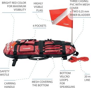 Spearfishing Signal Board Buoy - Spearguns Holder w/Line & Flag - Pockets, Ring - Designed Quality Since 1946, Red/White/Black - 图片 4
