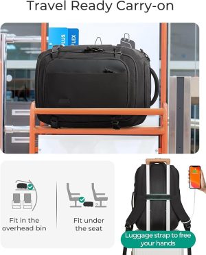 Travel Backpack Carry on Flight Approved, 30L Lightweight Backpack Fits 17.3 Inch Laptop for Men Women, Water Resistant Personal Item Travel Bag with USB Charging Port, Black - 图片 5