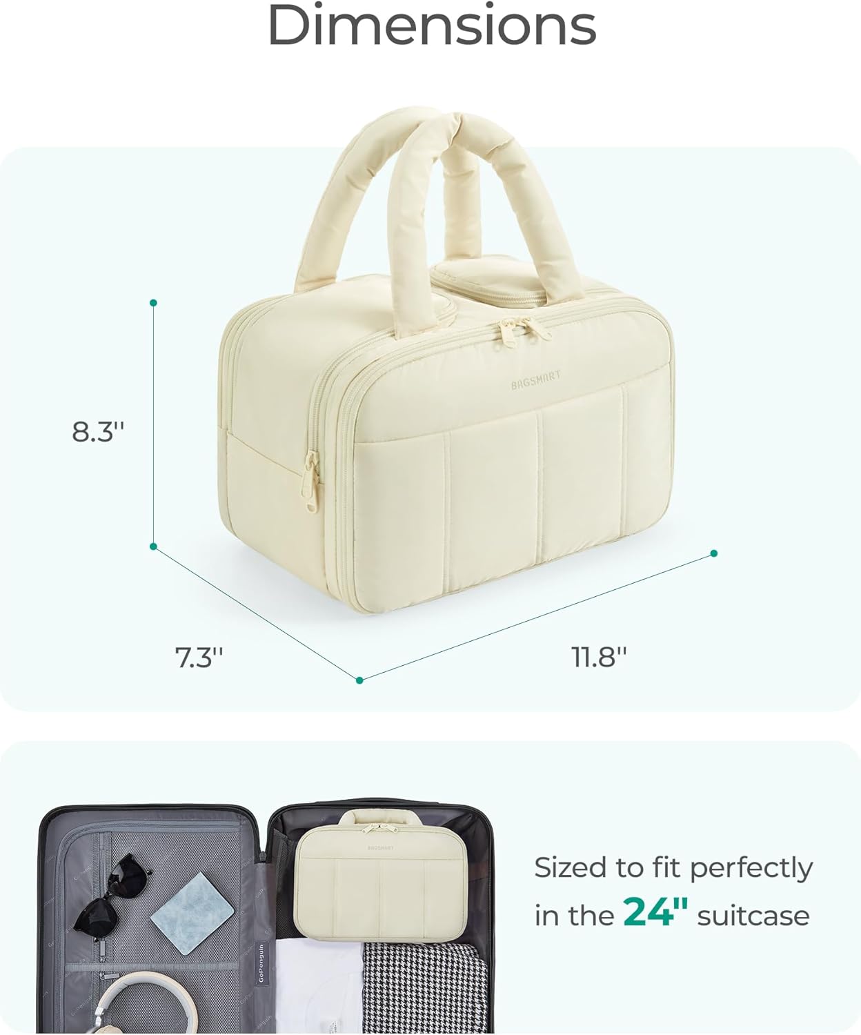 Travel Toiletry Bag, Puffy Large Toiletry Bag for Women, Lightweight Cosmetic Makeup Bag Organizer with Handle for Traveling, Accessories, Essentials, Toiletries (Beige - 图片 3
