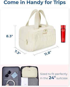 Travel Toiletry Bag, Lightweight Large Wide-open Travel Bag for Women, Puffy Cosmetic Makeup Bag Organizer with Handle for Accessories,Essentials, Toiletries, Beige - 图片 3