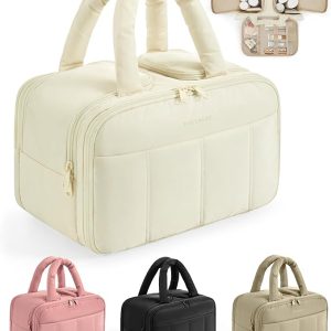 Travel Toiletry Bag, Puffy Large Toiletry Bag for Women, Lightweight Cosmetic Makeup Bag Organizer with Handle for Traveling, Accessories, Essentials, Toiletries （Beige