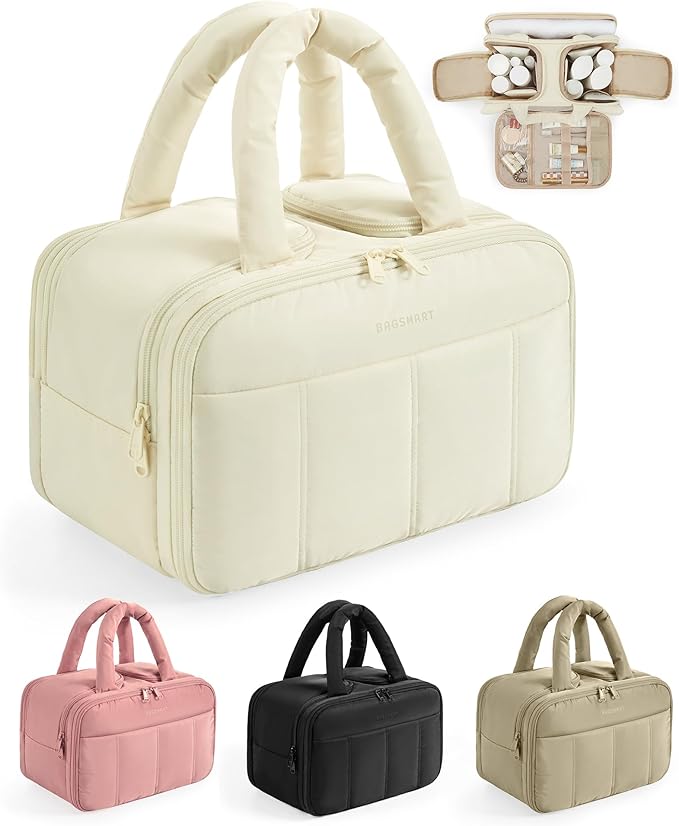 Travel Toiletry Bag, Puffy Large Toiletry Bag for Women, Lightweight Cosmetic Makeup Bag Organizer with Handle for Traveling, Accessories, Essentials, Toiletries (Beige