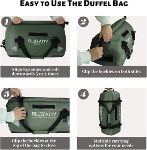 Waterproof Motorcycle Duffel Bag Roll Top Dry Duffel Bag with Quick-fixed Straps for Rafting, Boating, Kayaking, Travel, 50L/70L(Army Green) - 图片 6