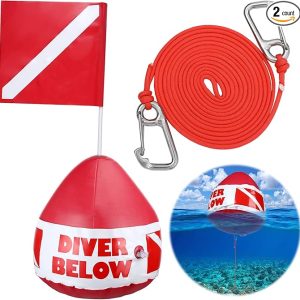 Maitys Heavy Duty PVC Dive Flag Float Freediving Rope Set Inflatable Signal Floater with Dive Flag Freediving Lanyard Leash for Snorkeling Water Sport Signaling Swimming Boating Fishing