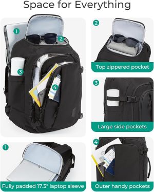 Travel Backpack Carry on Flight Approved, 30L Lightweight Backpack Fits 17.3 Inch Laptop for Men Women, Water Resistant Personal Item Travel Bag with USB Charging Port, Black - 图片 3