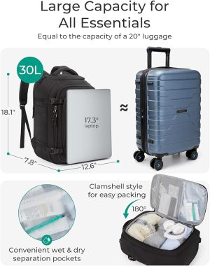 Travel Backpack Carry on Flight Approved, 30L Lightweight Backpack Fits 17.3 Inch Laptop for Men Women, Water Resistant Personal Item Travel Bag with USB Charging Port, Black - 图片 4