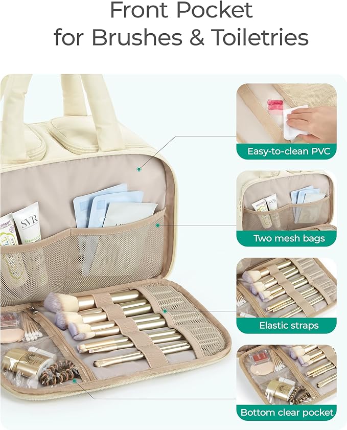 Travel Toiletry Bag, Puffy Large Toiletry Bag for Women, Lightweight Cosmetic Makeup Bag Organizer with Handle for Traveling, Accessories, Essentials, Toiletries (Beige - 图片 5