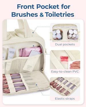 Travel Toiletry Bag, Lightweight Large Wide-open Travel Bag for Women, Puffy Cosmetic Makeup Bag Organizer with Handle for Accessories,Essentials, Toiletries, Beige - 图片 6